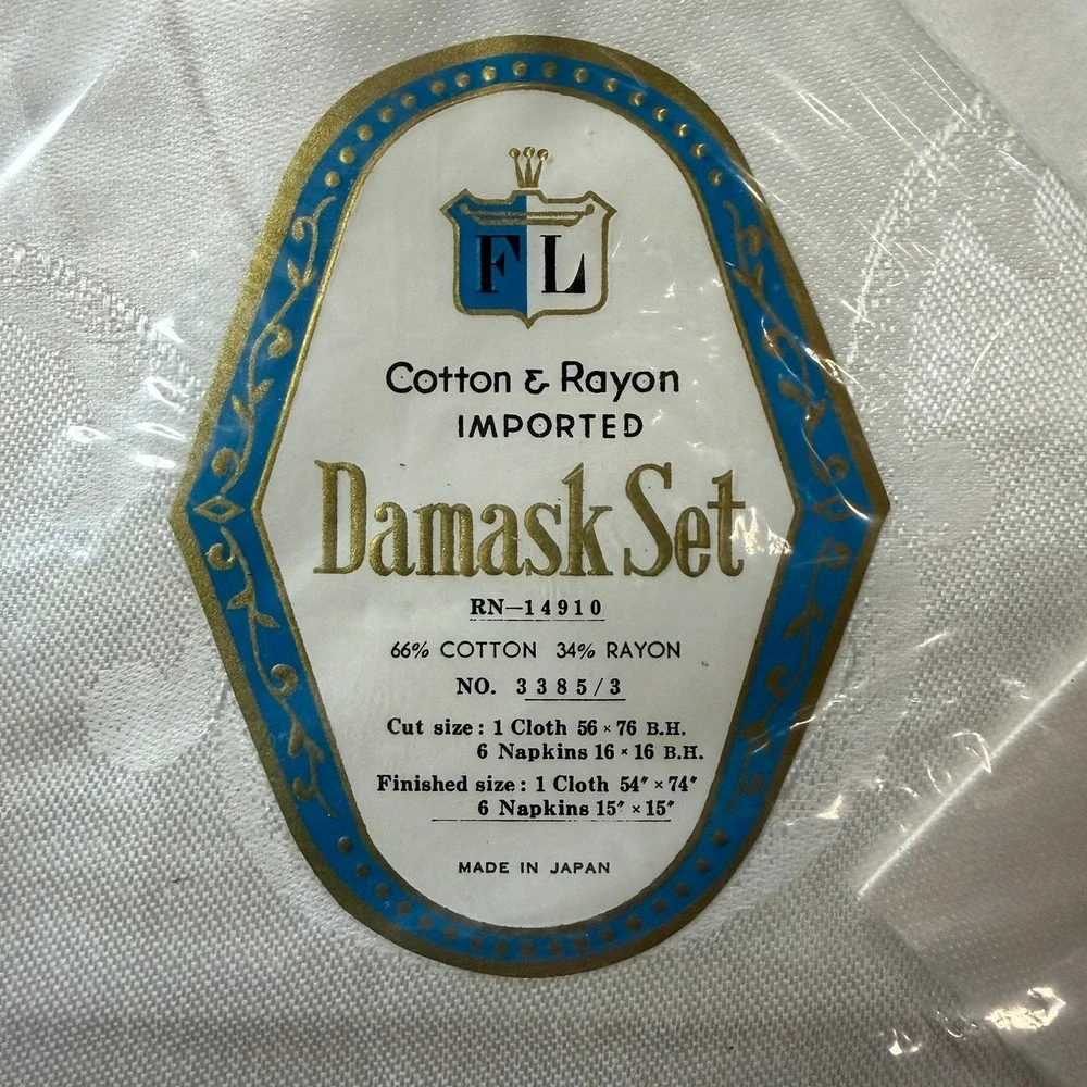 Vintage 50's White Damask Tablecloth & 6 Napkin Set Made in Japan Regency Formal